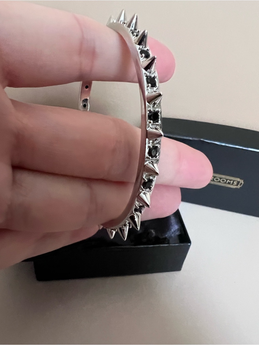 Little Rooms Silver Spiked Bangle Bracelet - Rhodium over brass with black CZ - Picture 4 of 5